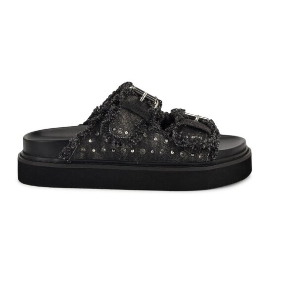Nine West Eleny Buckle Slide Sandals Black Frayed Denim Studded Size 8 NWOB - Picture 1 of 6